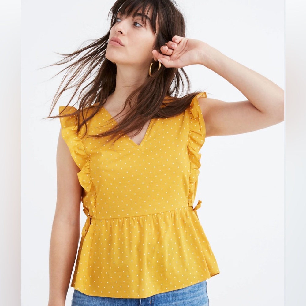 Madewell Yellow Polka Dot Ruffle Peplum Top EUC Sz L French Girl boho Chic